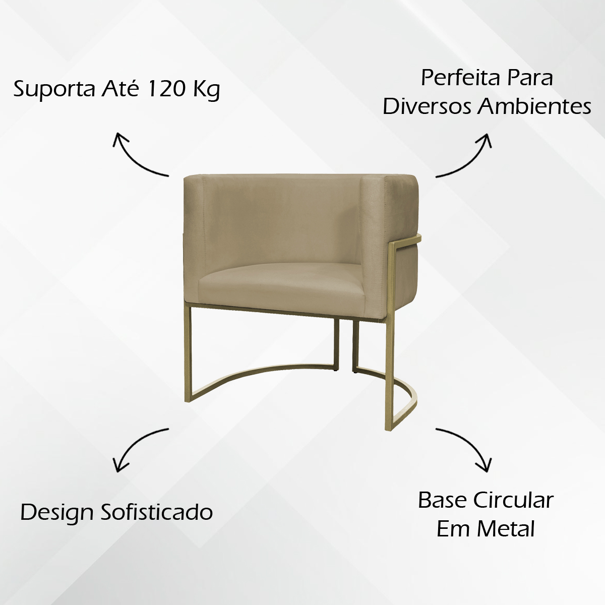 Kit 2 Poltronas Decorativas Luna Para Sala de Estar Escritório Recepção Suede Nude Base de Ferro Champagne