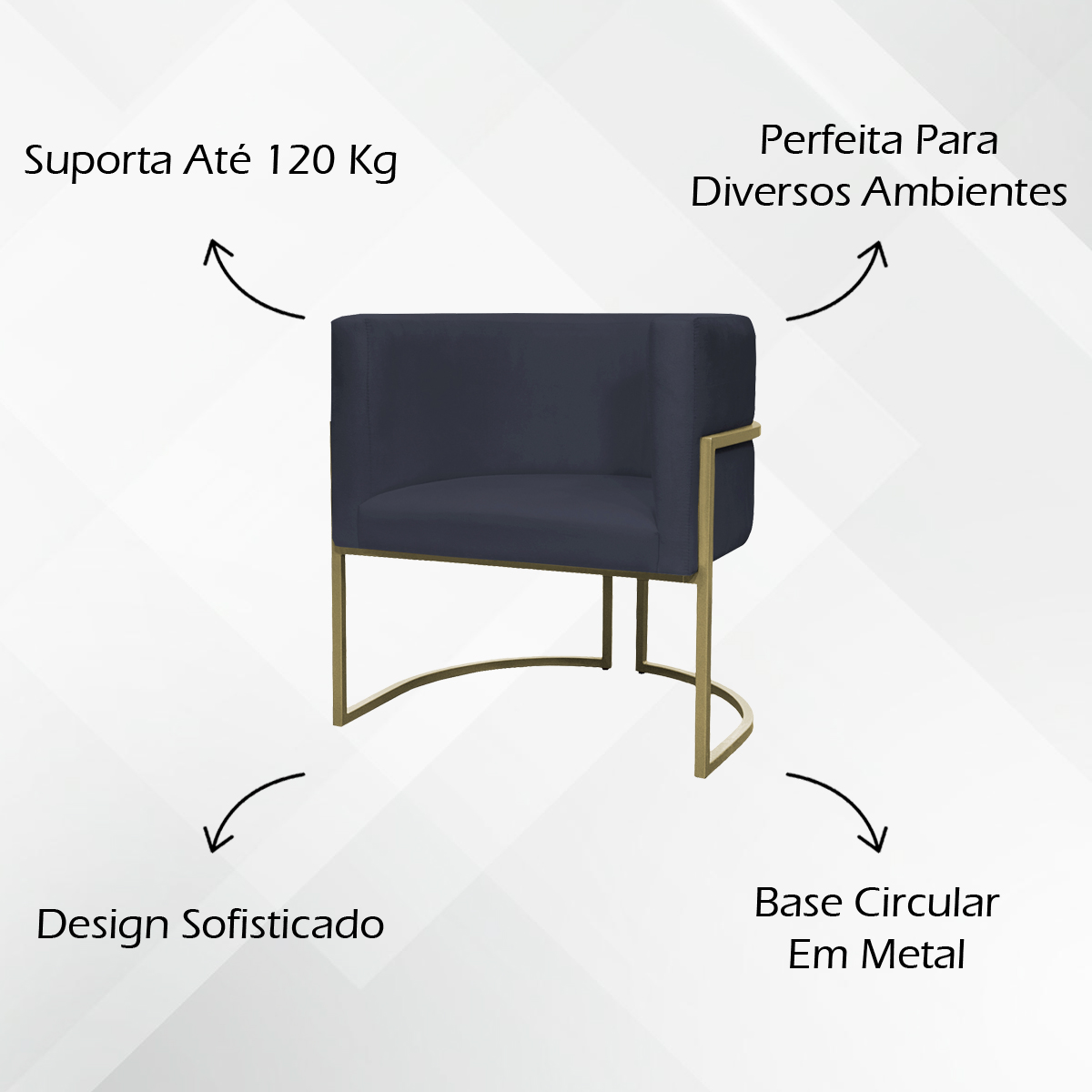 Kit 2 Poltronas Decorativas Luna Para Sala de Estar Escritório Recepção Suede Preto Base de Ferro Champagne