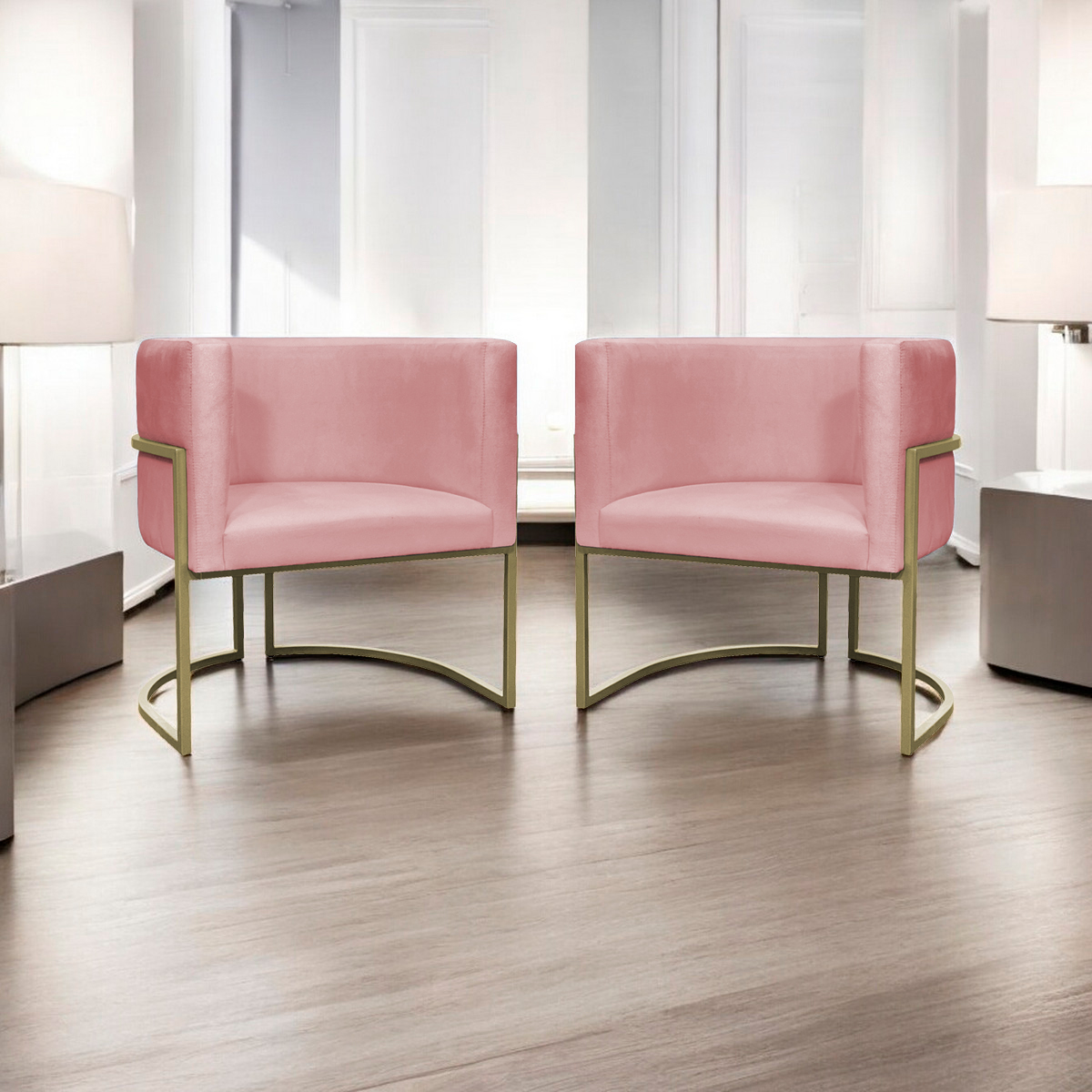 Kit 2 Poltronas Decorativas Luna Para Sala de Estar Escritório Recepção Suede Rose Base de Ferro Champagne