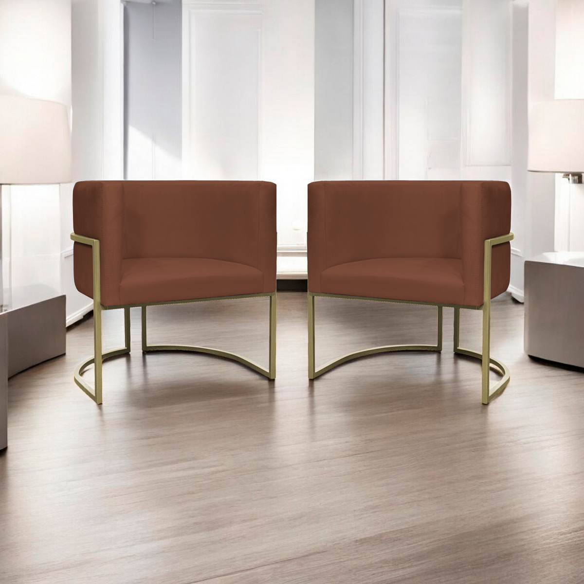 Kit 2 Poltronas Decorativas Luna Para Sala de Estar Escritório Recepção Suede Terracota Base de Ferro Champagne