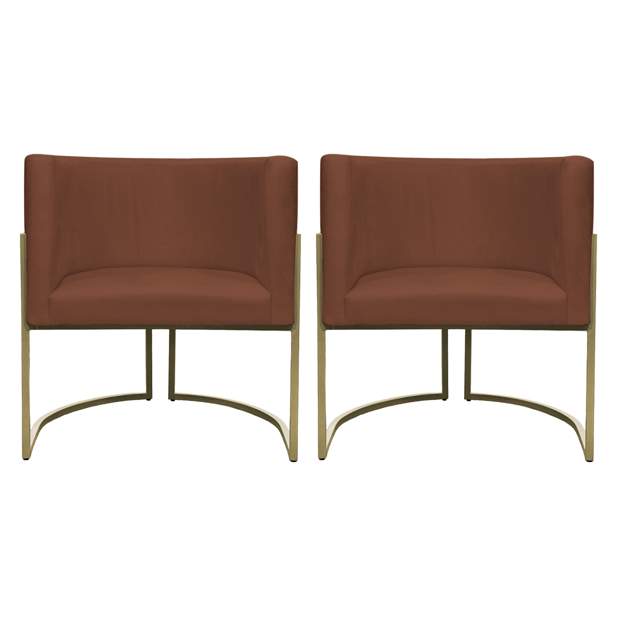 Kit 2 Poltronas Decorativas Luna Para Sala de Estar Escritório Recepção Suede Terracota Base de Ferro Champagne