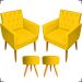 Kit 2 Poltronas Decorativas Nina Com Base E Capitonê + 2 Puff Redondo Suede Amarelo Pé Castanho - Clique E Decore