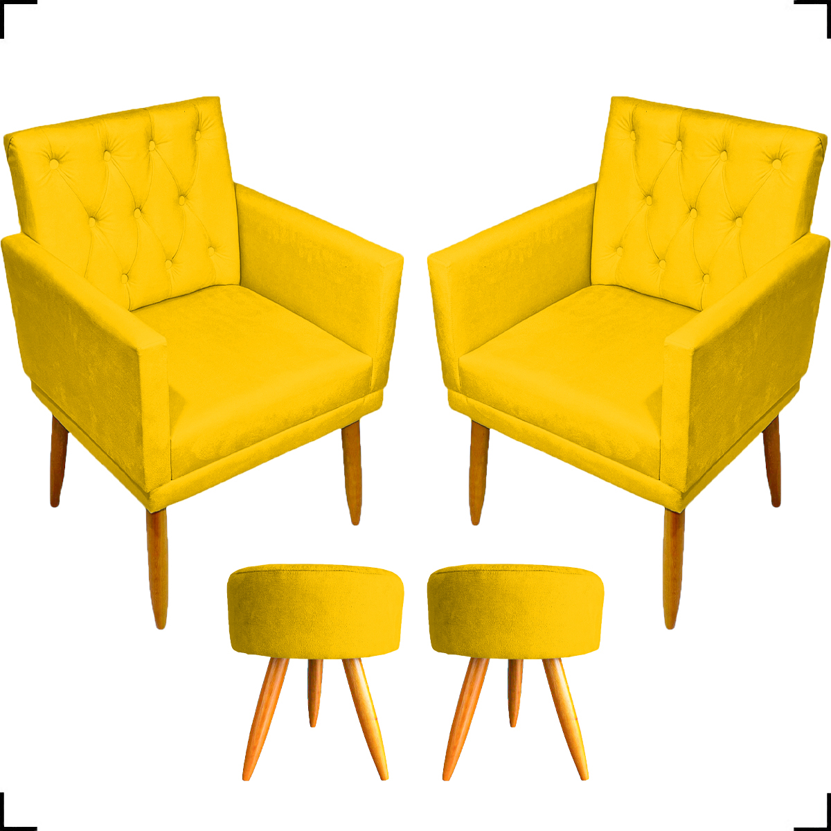 Kit 2 Poltronas Decorativas Nina Com Base E Capitonê + 2 Puff Redondo Suede Amarelo Pé Castanho - Clique E Decore