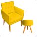 Kit 2 Poltronas Decorativas Nina Com Base E Capitonê + 2 Puff Redondo Suede Amarelo Pé Castanho - Clique E Decore