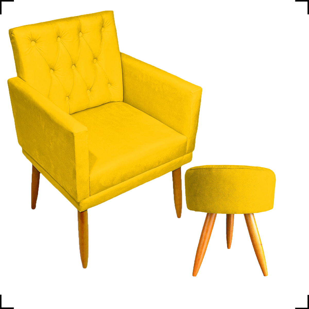 Kit 2 Poltronas Decorativas Nina Com Base E Capitonê + 2 Puff Redondo Suede Amarelo Pé Castanho - Clique E Decore