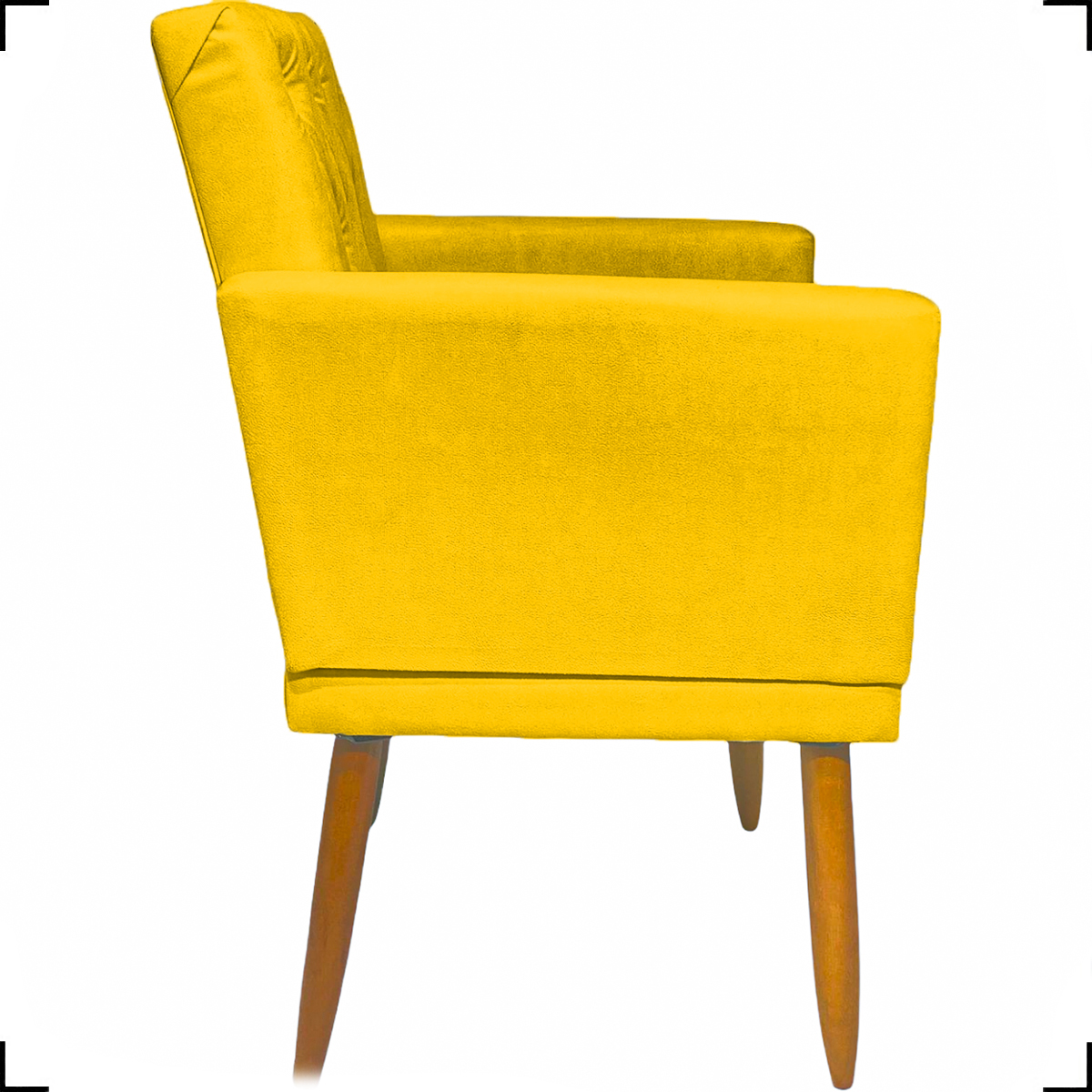 Kit 2 Poltronas Decorativas Nina Com Base E Capitonê + 2 Puff Redondo Suede Amarelo Pé Castanho - Clique E Decore