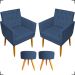 Kit 2 Poltronas Decorativas Nina Com Base E Capitonê + 2 Puff Redondo Suede Azul Marinho Pé Castanho - Clique E Decore