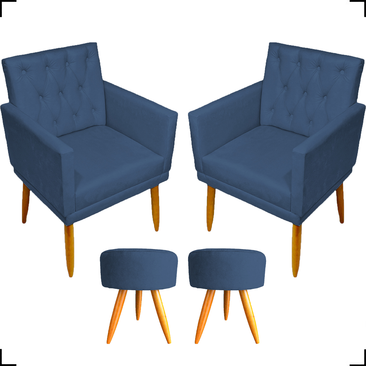 Kit 2 Poltronas Decorativas Nina Com Base E Capitonê + 2 Puff Redondo Suede Azul Marinho Pé Castanho - Clique E Decore