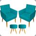 Kit 2 Poltronas Decorativas Nina Com Base E Capitonê + 2 Puff Redondo Suede Azul Turquesa Pé Castanho - Clique E Decore