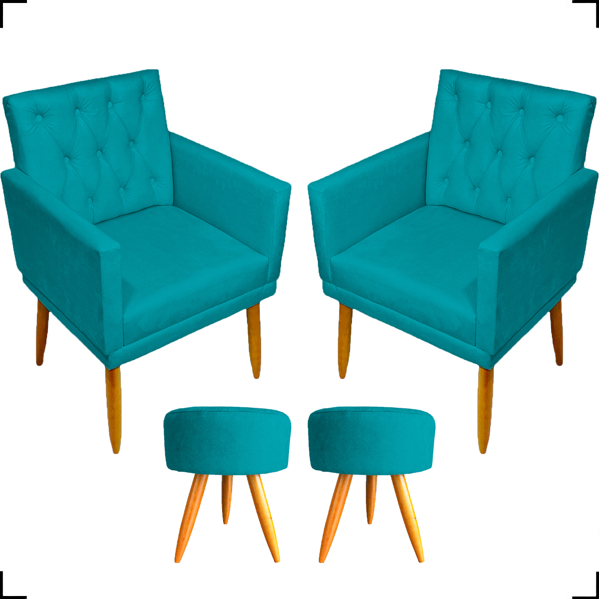 Kit 2 Poltronas Decorativas Nina Com Base E Capitonê + 2 Puff Redondo Suede Azul Turquesa Pé Castanho - Clique E Decore