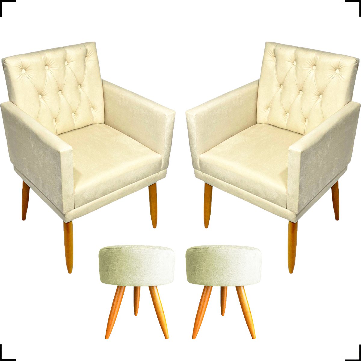 Kit 2 Poltronas Decorativas Nina Com Base E Capitonê + 2 Puff Redondo Suede Bege Pé Castanho - Clique E Decore