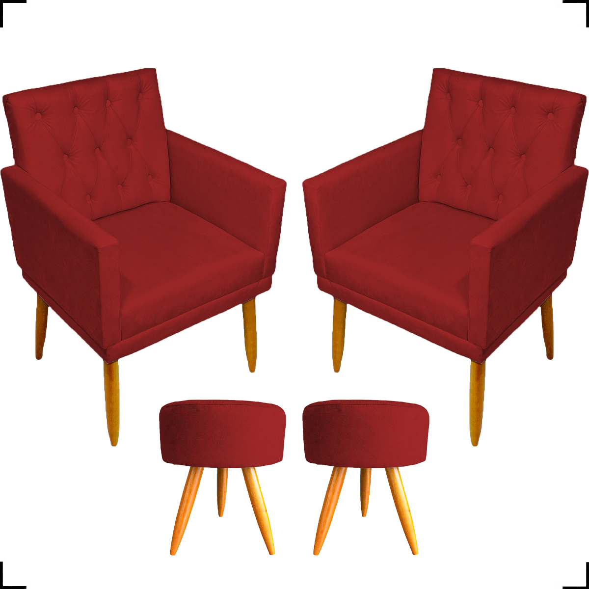 Kit 2 Poltronas Decorativas Nina Com Base E Capitonê + 2 Puff Redondo Suede Bordô Pé Castanho - Clique E Decore