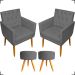 Kit 2 Poltronas Decorativas Nina Com Base E Capitonê + 2 Puff Redondo Suede Cinza Pé Castanho - Clique E Decore