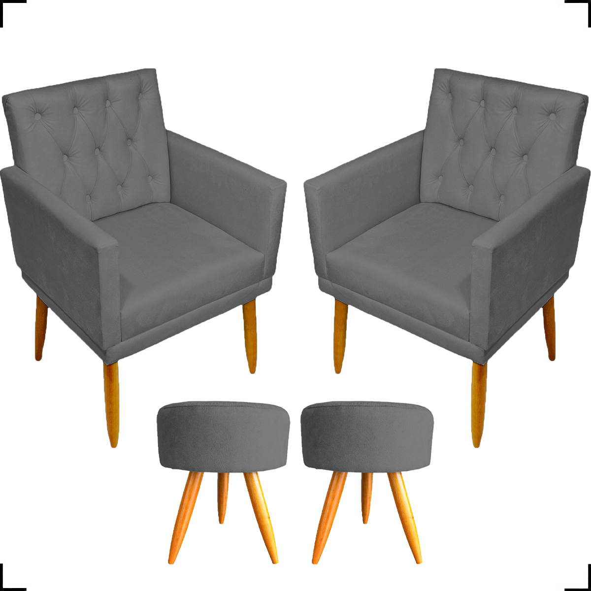 Kit 2 Poltronas Decorativas Nina Com Base E Capitonê + 2 Puff Redondo Suede Cinza Pé Castanho - Clique E Decore