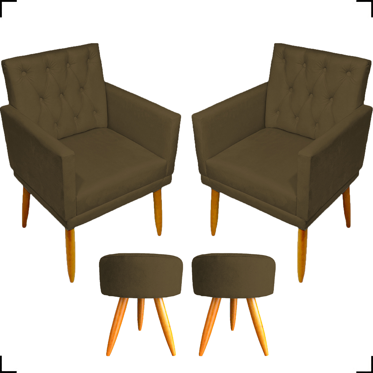 Kit 2 Poltronas Decorativas Nina Com Base E Capitonê + 2 Puff Redondo Suede Marrom Pé Castanho - Clique E Decore