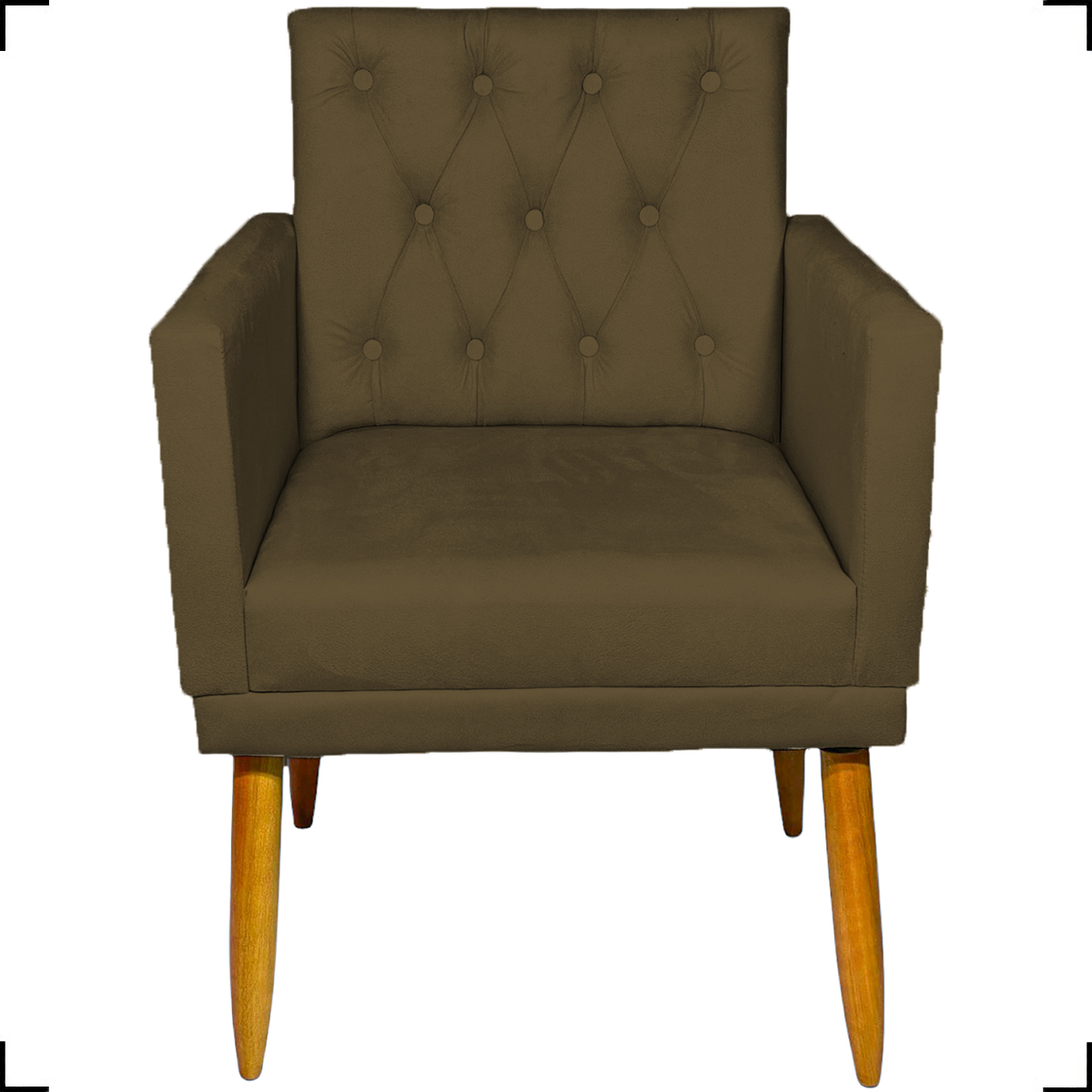 Kit 2 Poltronas Decorativas Nina Com Base E Capitonê + 2 Puff Redondo Suede Marrom Pé Castanho - Clique E Decore