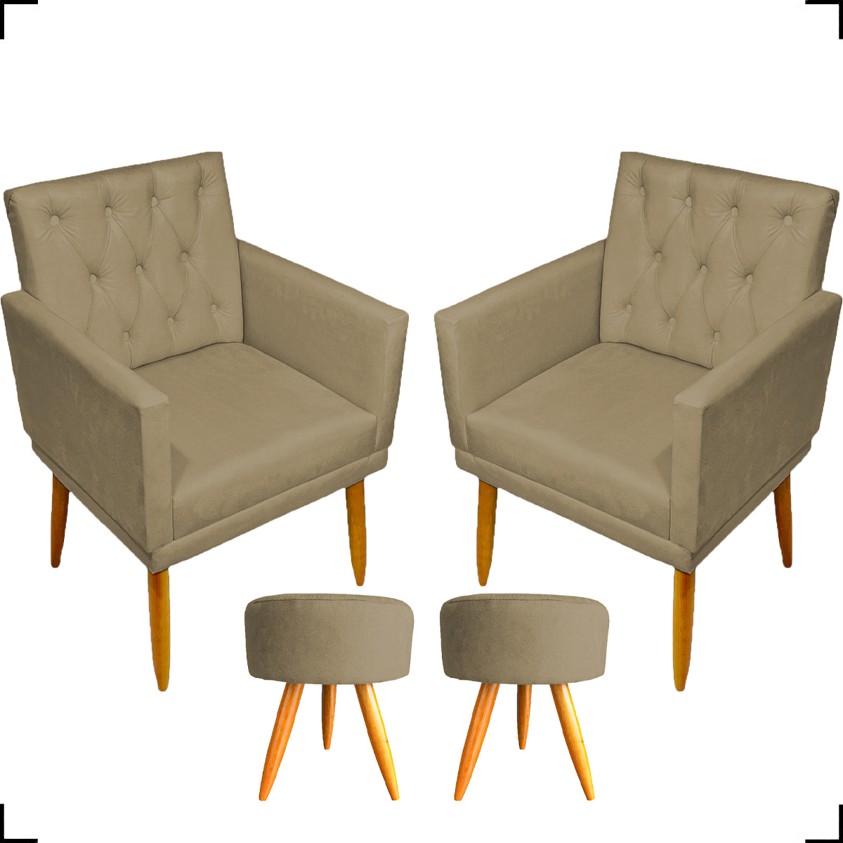 Kit 2 Poltronas Decorativas Nina Com Base E Capitonê + 2 Puff Redondo Suede Nude Pé Castanho - Clique E Decore