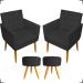Kit 2 Poltronas Decorativas Nina Com Base E Capitonê + 2 Puff Redondo Suede Preto Pé Castanho - Clique E Decore