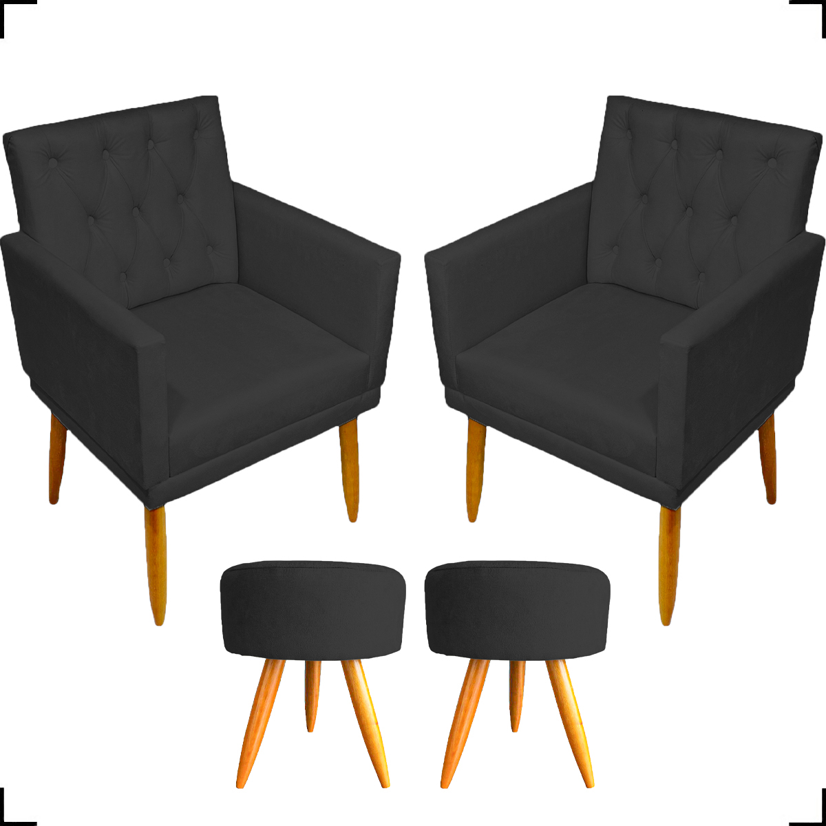 Kit 2 Poltronas Decorativas Nina Com Base E Capitonê + 2 Puff Redondo Suede Preto Pé Castanho - Clique E Decore