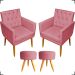 Kit 2 Poltronas Decorativas Nina Com Base E Capitonê + 2 Puff Redondo Suede Rosê Pé Castanho - Clique E Decore