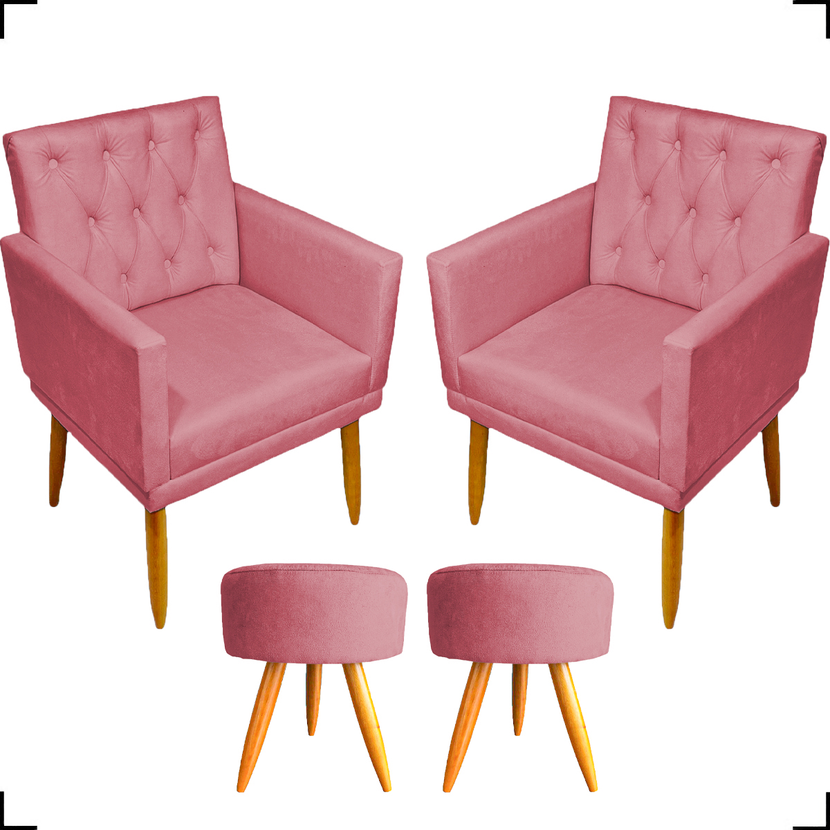 Kit 2 Poltronas Decorativas Nina Com Base E Capitonê + 2 Puff Redondo Suede Rosê Pé Castanho - Clique E Decore