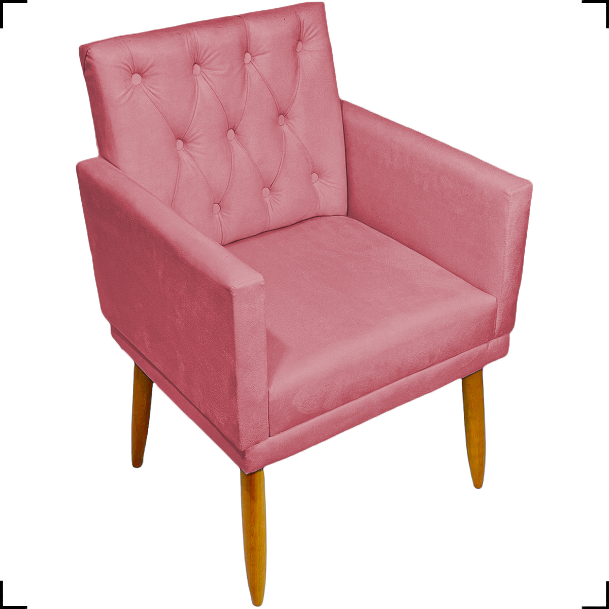 Kit 2 Poltronas Decorativas Nina Com Base E Capitonê + 2 Puff Redondo Suede Rosê Pé Castanho - Clique E Decore