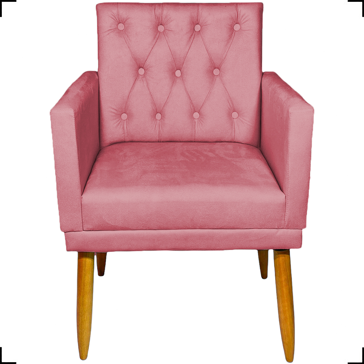 Kit 2 Poltronas Decorativas Nina Com Base E Capitonê + 2 Puff Redondo Suede Rosê Pé Castanho - Clique E Decore