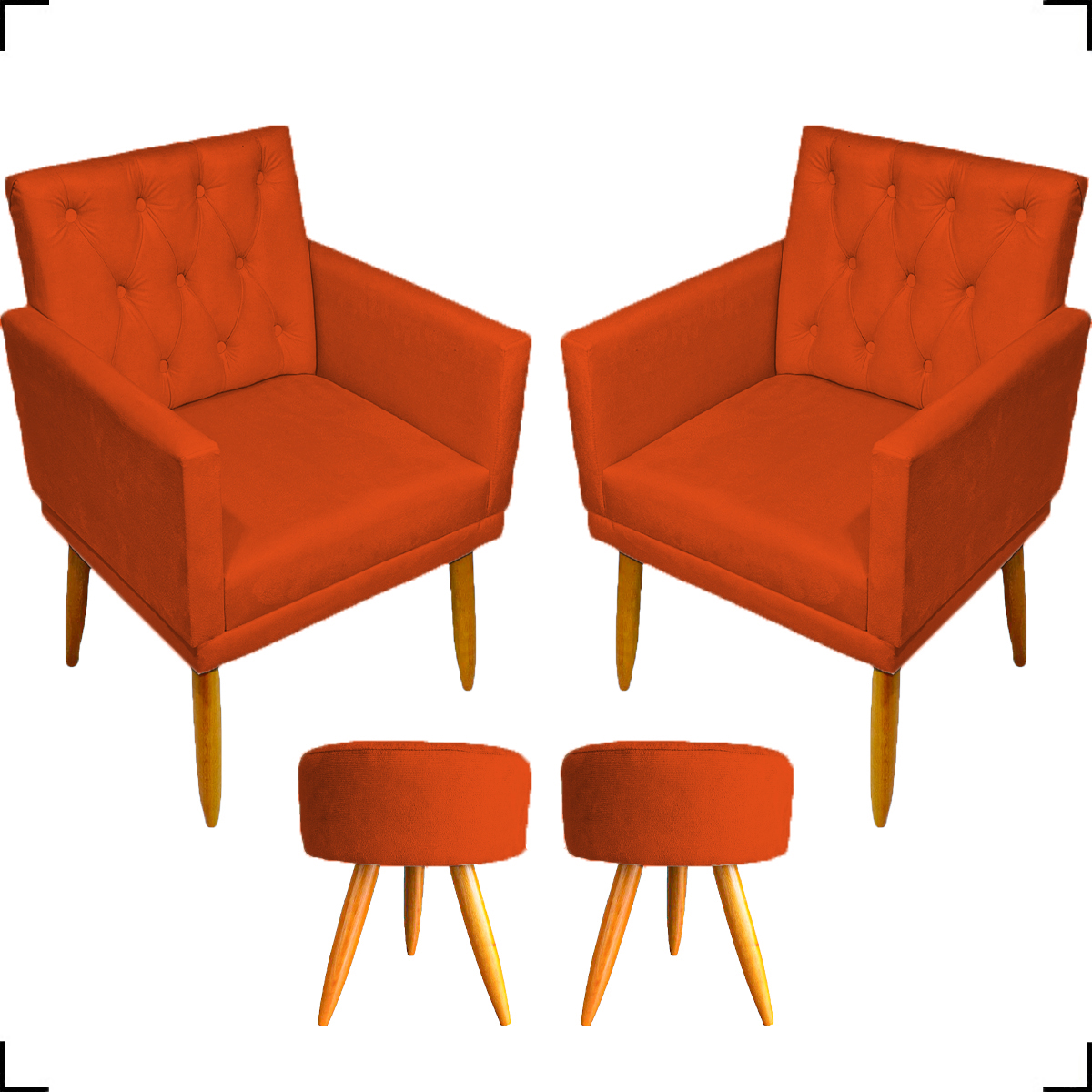 Kit 2 Poltronas Decorativas Nina Com Base E Capitonê + 2 Puff Redondo Suede Terracota Pé Castanho - Clique E Decore