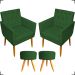 Kit 2 Poltronas Decorativas Nina Com Base E Capitonê + 2 Puff Redondo Suede Verde Pé Castanho - Clique E Decore