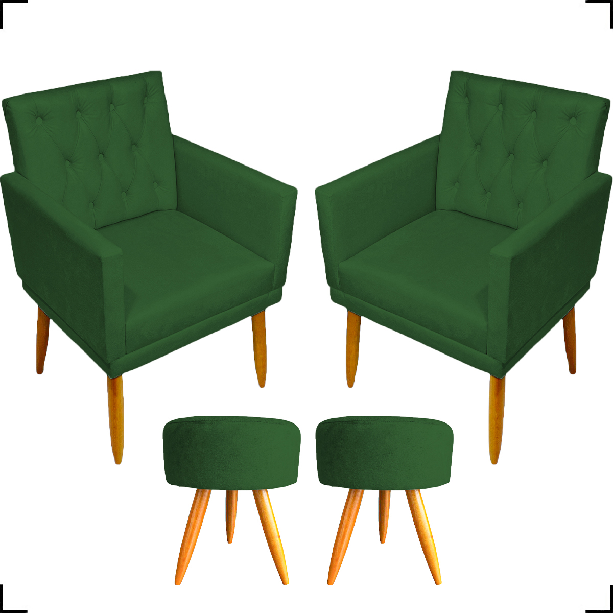 Kit 2 Poltronas Decorativas Nina Com Base E Capitonê + 2 Puff Redondo Suede Verde Pé Castanho - Clique E Decore