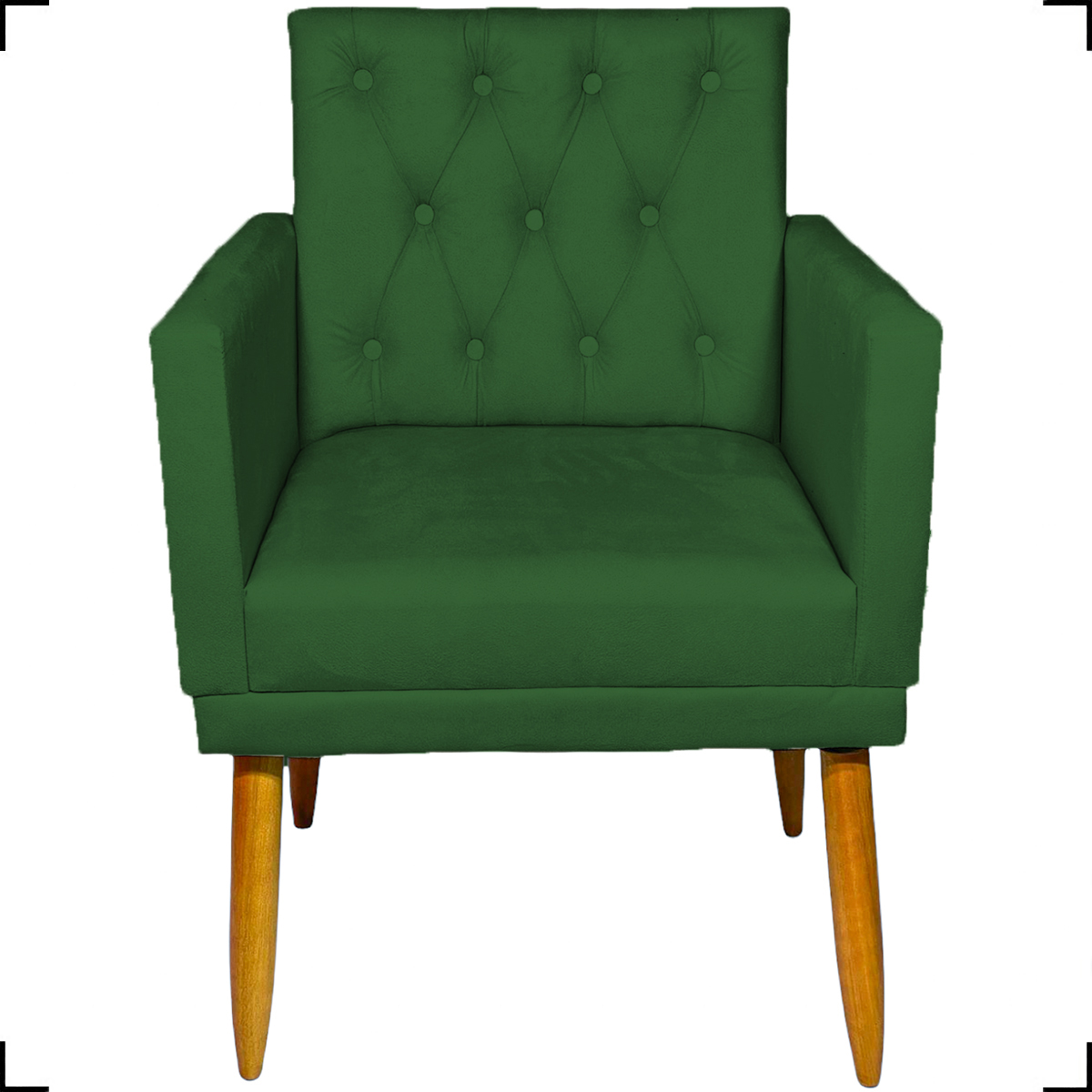 Kit 2 Poltronas Decorativas Nina Com Base E Capitonê + 2 Puff Redondo Suede Verde Pé Castanho - Clique E Decore