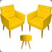 Kit 2 Poltronas Decorativas Nina Com Base E Capitonê + Puff Redondo Suede Amarelo Pé Castanho - Clique E Decore