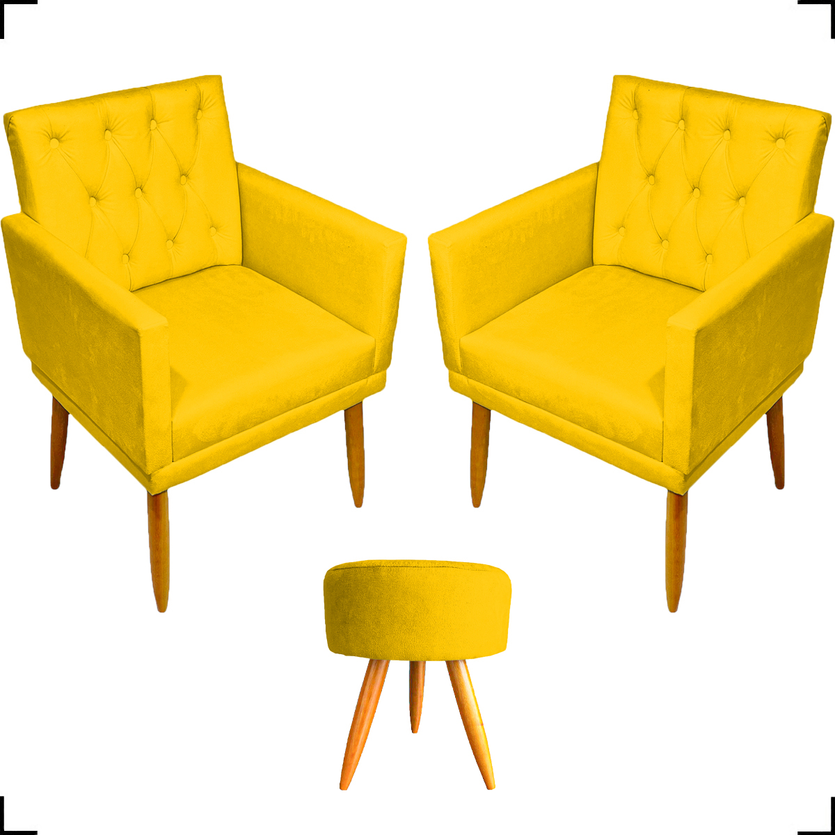 Kit 2 Poltronas Decorativas Nina Com Base E Capitonê + Puff Redondo Suede Amarelo Pé Castanho - Clique E Decore