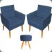 Kit 2 Poltronas Decorativas Nina Com Base E Capitonê + Puff Redondo Suede Azul Marinho Pé Castanho - Clique E Decore