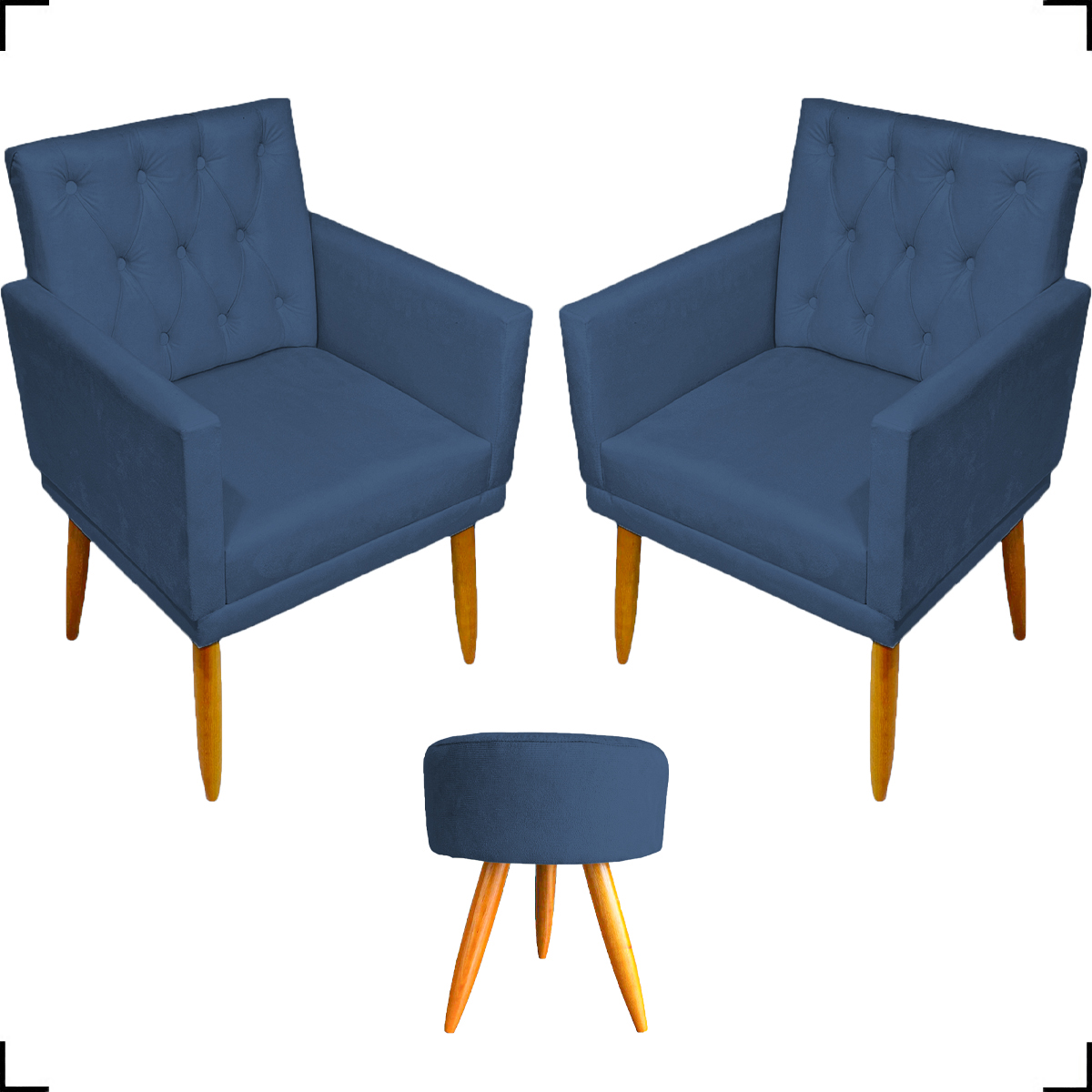 Kit 2 Poltronas Decorativas Nina Com Base E Capitonê + Puff Redondo Suede Azul Marinho Pé Castanho - Clique E Decore