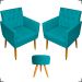 Kit 2 Poltronas Decorativas Nina Com Base E Capitonê + Puff Redondo Suede Azul Turquesa Pé Castanho - Clique E Decore