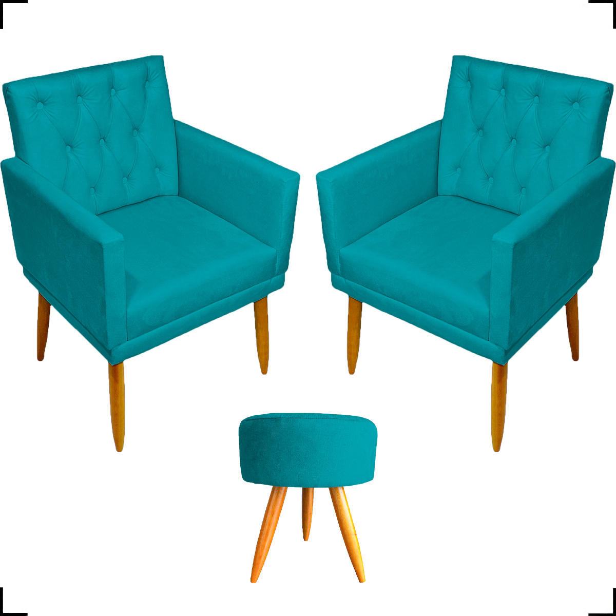 Kit 2 Poltronas Decorativas Nina Com Base E Capitonê + Puff Redondo Suede Azul Turquesa Pé Castanho - Clique E Decore