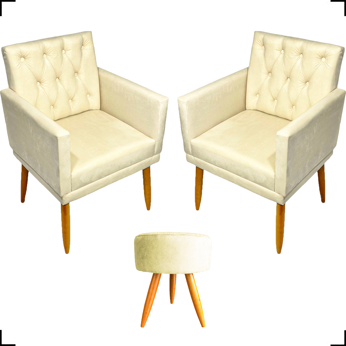 Kit 2 Poltronas Decorativas Nina Com Base E Capitonê + Puff Redondo Suede Bege Pé Castanho - Clique E Decore