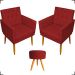 Kit 2 Poltronas Decorativas Nina Com Base E Capitonê + Puff Redondo Suede Bordô Pé Castanho - Clique E Decore