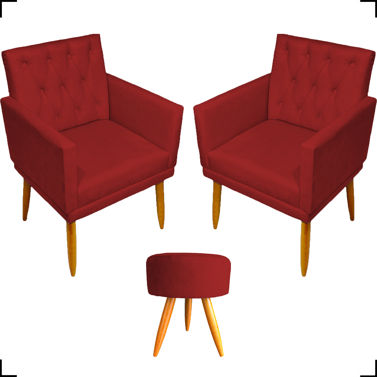 Kit 2 Poltronas Decorativas Nina Com Base E Capitonê + Puff Redondo Suede Bordô Pé Castanho - Clique E Decore