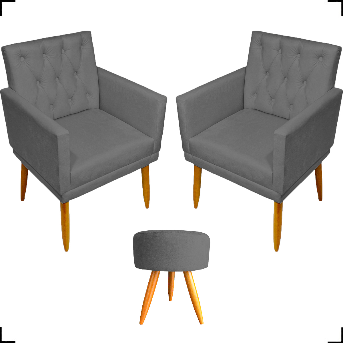 Kit 2 Poltronas Decorativas Nina Com Base E Capitonê + Puff Redondo Suede Cinza Pé Castanho - Clique E Decore