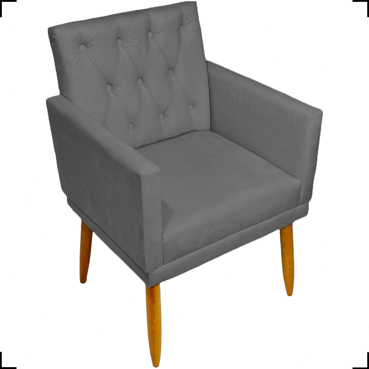 Kit 2 Poltronas Decorativas Nina Com Base E Capitonê + Puff Redondo Suede Cinza Pé Castanho - Clique E Decore