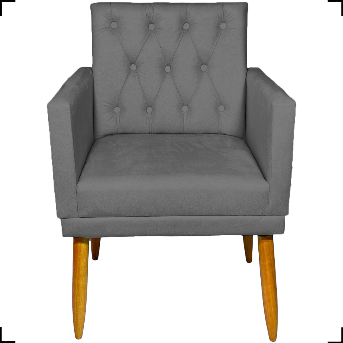 Kit 2 Poltronas Decorativas Nina Com Base E Capitonê + Puff Redondo Suede Cinza Pé Castanho - Clique E Decore