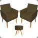 Kit 2 Poltronas Decorativas Nina Com Base E Capitonê + Puff Redondo Suede Marrom Pé Castanho - Clique E Decore