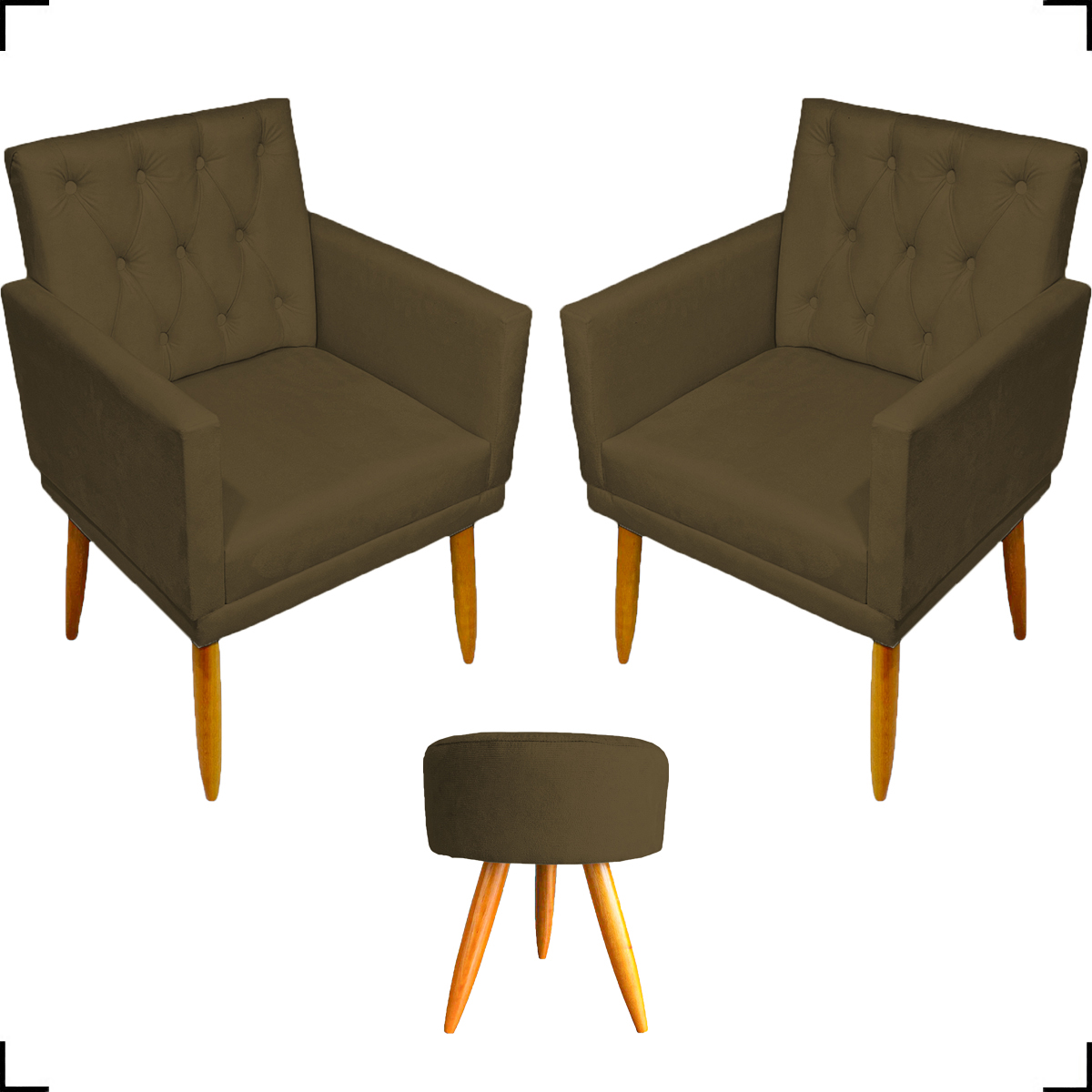 Kit 2 Poltronas Decorativas Nina Com Base E Capitonê + Puff Redondo Suede Marrom Pé Castanho - Clique E Decore
