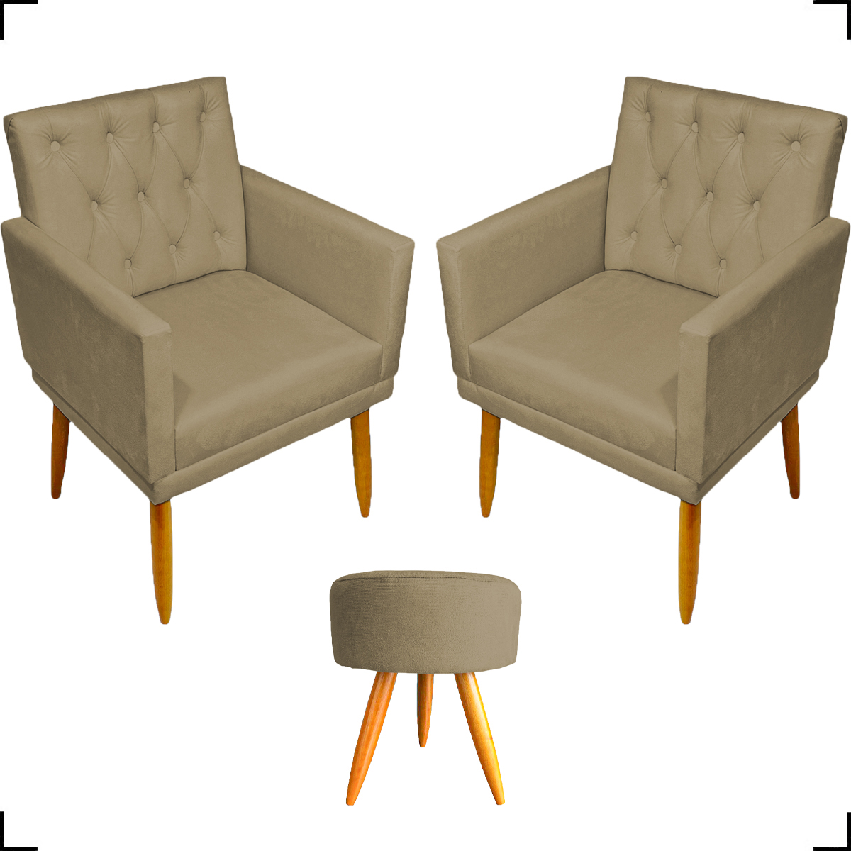 Kit 2 Poltronas Decorativas Nina Com Base E Capitonê + Puff Redondo Suede Nude Pé Castanho - Clique E Decore