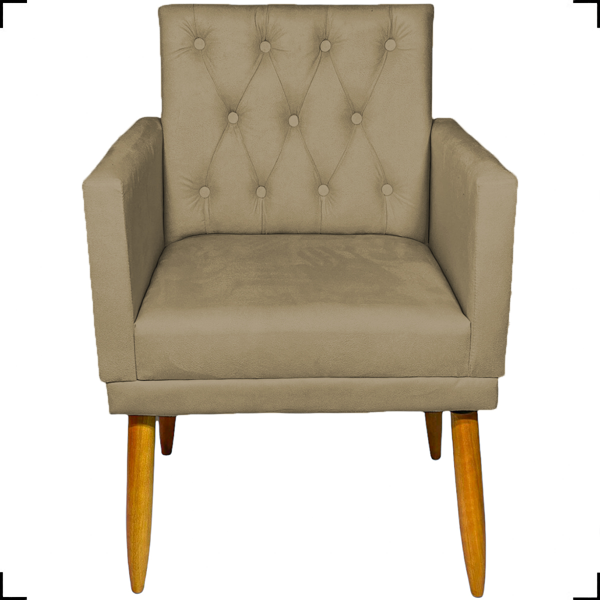 Kit 2 Poltronas Decorativas Nina Com Base E Capitonê + Puff Redondo Suede Nude Pé Castanho - Clique E Decore