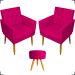Kit 2 Poltronas Decorativas Nina Com Base E Capitonê + Puff Redondo Suede Pink Pé Castanho - Clique E Decore