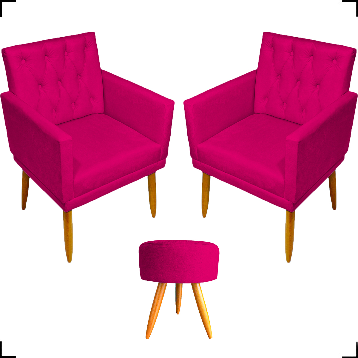 Kit 2 Poltronas Decorativas Nina Com Base E Capitonê + Puff Redondo Suede Pink Pé Castanho - Clique E Decore