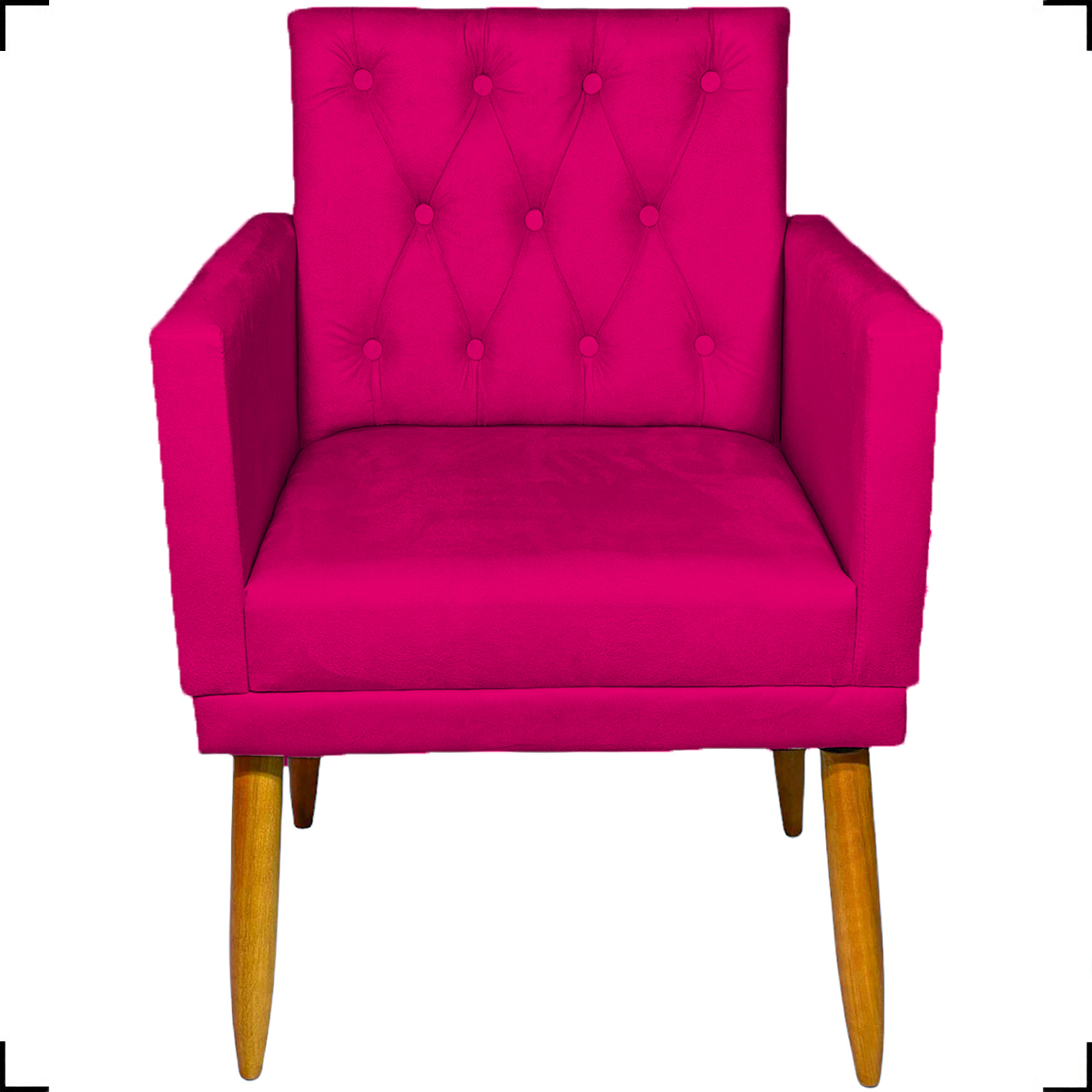 Kit 2 Poltronas Decorativas Nina Com Base E Capitonê + Puff Redondo Suede Pink Pé Castanho - Clique E Decore